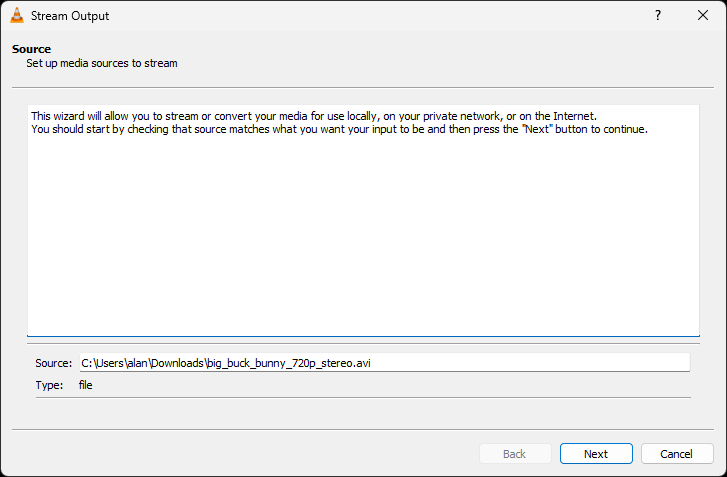 The initial screen of the VLC 'Stream Output' wizard, populated with a video file.