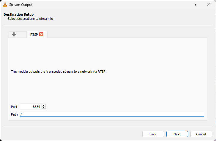 The RTSP stream configuration with populated defaults: Port 8554 and Path /