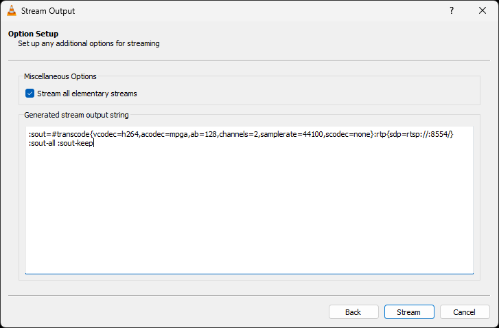 The "Option Setup" screen in VLC showing miscellaneous options and the generated stream output string
